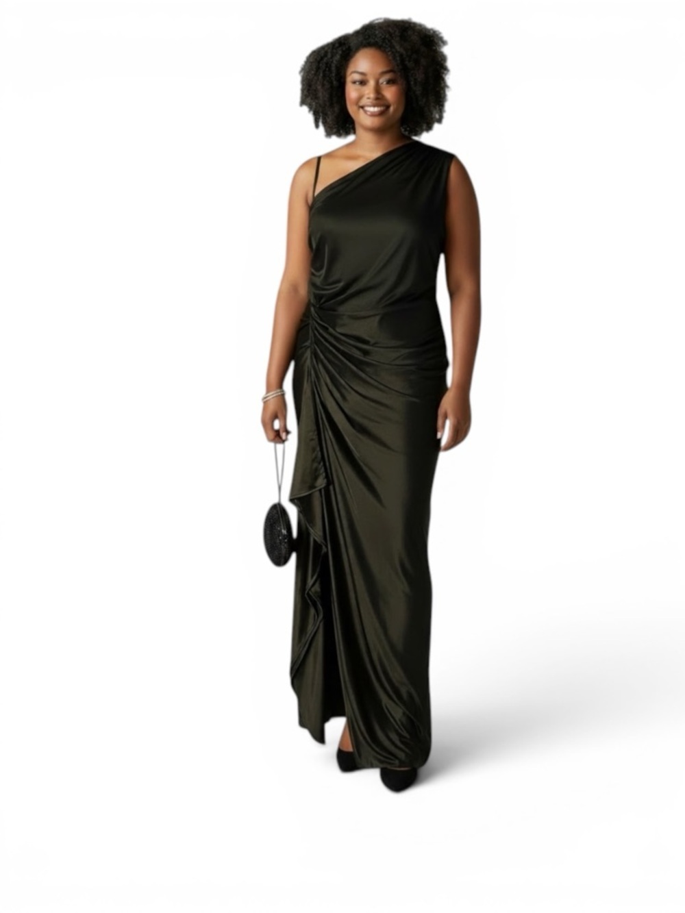 OYS Black One Shoulder Satin Maxi Dress XL Ruched Side Slit Formal Evening